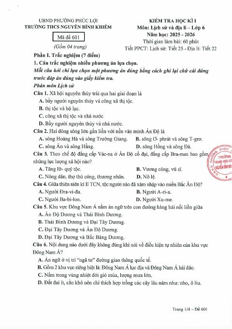Đề thi Học kì 1 Lịch sử và Địa lí 6 năm 2025-2026 trường THCS Nguyễn Bỉnh Khiêm (Hà Nội)